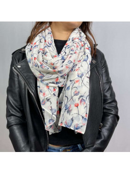 Écharpe En Soie Finement Fleurie Blanche De 180cm x 70cm Demi saisons