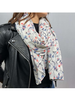 Écharpe En Soie Finement Fleurie Blanche De 180cm x 70cm Demi saisons