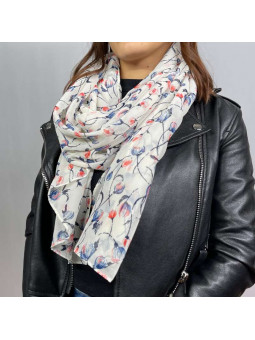 Écharpe En Soie Finement Fleurie Blanche De 180cm x 70cm Demi saisons