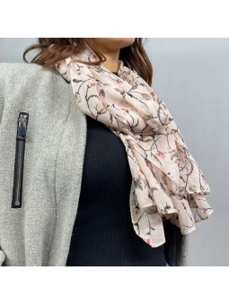 Écharpe En Soie Finement Fleuries Rose Crème De 180cm x 70cm Demi Saisons Premium