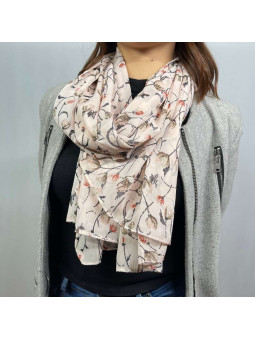 Écharpe En Soie Finement Fleuries Rose Crème De 180cm x 70cm Demi Saisons Premium