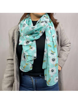 Écharpe En Soie Finement Fleuries Bleu  Turquoise De 180cm x 70cm Demi Saisons Premium