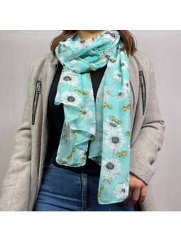 Écharpe En Soie Finement Fleuries Bleu  Turquoise De 180cm x 70cm Demi Saisons Premium