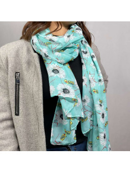 Écharpe En Soie Finement Fleuries Bleu  Turquoise De 180cm x 70cm Demi Saisons Premium