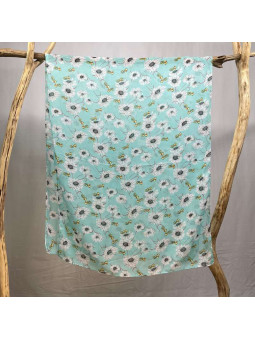 Écharpe En Soie Finement Fleuries Bleu  Turquoise De 180cm x 70cm Demi Saisons Premium