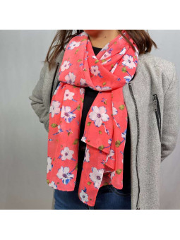 Écharpe En Soie Finement Fleuries Rose Fuchsia Pastel De 180cm x 70cm Demi Saisons Premium