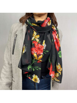 Écharpe En Soie Noir Aux Fleurs Rouge De 180cm x 70cm Demi Saisons Premium