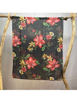 Écharpe En Soie Noir Aux Fleurs Rouge De 180cm x 70cm Demi Saisons Premium