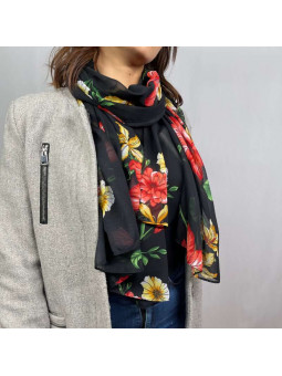 Écharpe En Soie Noir Aux Fleurs Rouge De 180cm x 70cm Demi Saisons Premium