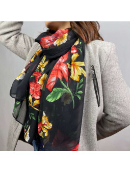 Écharpe En Soie Noir Aux Fleurs Rouge De 180cm x 70cm Demi Saisons Premium