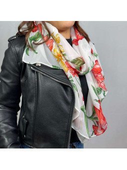 Écharpe En Soie Blanche Aux Fleurs Rouge De 180cm x 70cm Demi Saisons Premium