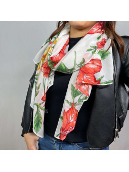 Écharpe En Soie Blanche Aux Fleurs Rouge De 180cm x 70cm Demi Saisons Premium