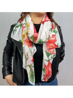 Écharpe En Soie Blanche Aux Fleurs Rouge De 180cm x 70cm Demi Saisons Premium