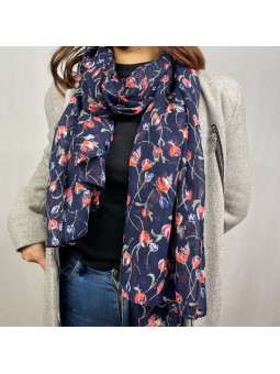 Écharpe En Soie Finement Fleurie Bleu Nuit De 180cm x 70cm Demi saisons