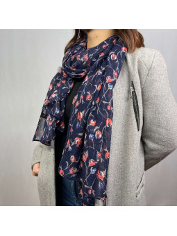 Écharpe En Soie Finement Fleurie Bleu Nuit De 180cm x 70cm Demi saisons