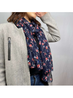 Écharpe En Soie Finement Fleurie Bleu Nuit De 180cm x 70cm Demi saisons