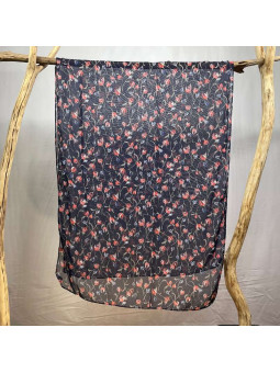 Écharpe En Soie Finement Fleurie Bleu Nuit De 180cm x 70cm Demi saisons