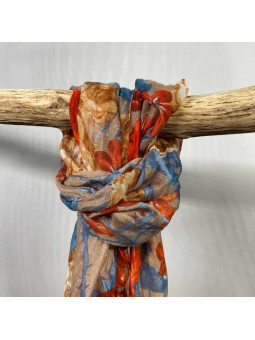 Écharpe 180cm Aux Motifs Printaniers Taupe Et Orangé Fleuris