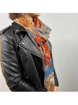 Écharpe 180cm Aux Motifs Printaniers Taupe Et Orangé Fleuris