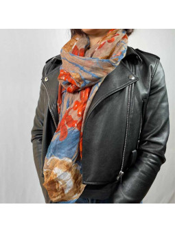 Écharpe 180cm Aux Motifs Printaniers Taupe Et Orangé Fleuris