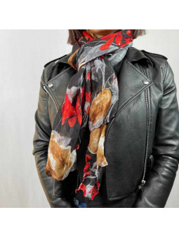 Écharpe 180cm Aux Motifs Printaniers Rouge Et Noir Fleuris