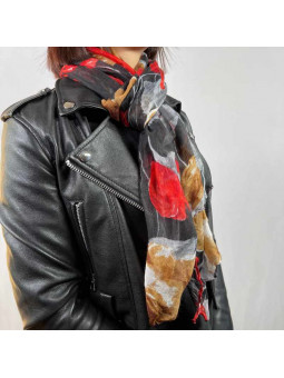 Écharpe 180cm Aux Motifs Printaniers Rouge Et Noir Fleuris