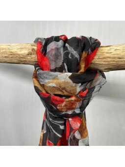 Écharpe 180cm Aux Motifs Printaniers Rouge Et Noir Fleuris