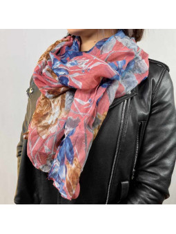 Écharpe 180cm Aux Motifs Printaniers Rose Et Bleu Nuit Fleuris