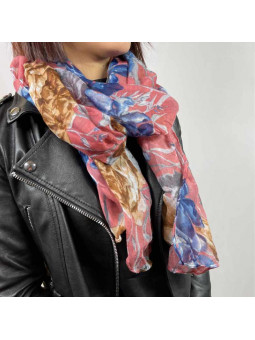 Écharpe 180cm Aux Motifs Printaniers Rose Et Bleu Nuit Fleuris