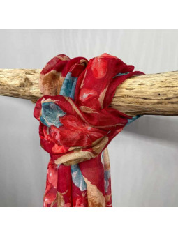 Écharpe 180cm Aux Motifs Printaniers Rouge Et Bleu Turquoise Fleuris