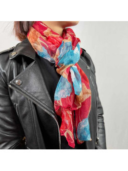 Écharpe 180cm Aux Motifs Printaniers Rouge Et Bleu Turquoise Fleuris