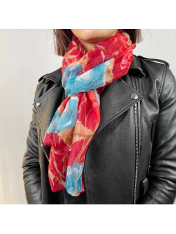 Écharpe 180cm Aux Motifs Printaniers Rouge Et Bleu Turquoise Fleuris