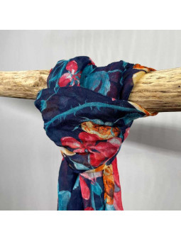 Écharpe 180cm Aux Motifs Printaniers Rouge Et Bleu Fleuris