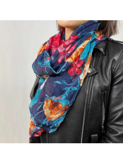 Écharpe 180cm Aux Motifs Printaniers Rouge Et Bleu Fleuris