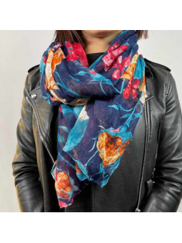 Écharpe 180cm Aux Motifs Printaniers Rouge Et Bleu Fleuris