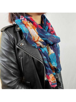 Écharpe 180cm Aux Motifs Printaniers Rouge Et Bleu Fleuris