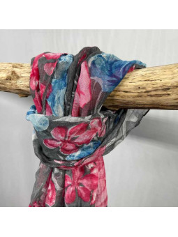 Écharpe 180cm Aux Motifs Printaniers Rose Et Gris Fleuris