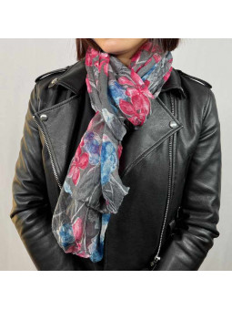 Écharpe 180cm Aux Motifs Printaniers Rose Et Gris Fleuris