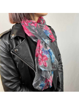 Écharpe 180cm Aux Motifs Printaniers Rose Et Gris Fleuris