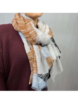 Écharpe En Coton Aux Nuances De Chocolat, Bleu Ciel Et Noir Rayés De 180cm x 90cm