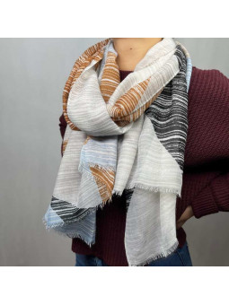 Écharpe En Coton Aux Nuances De Chocolat, Bleu Ciel Et Noir Rayés De 180cm x 90cm