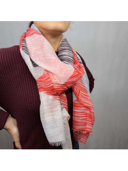 Écharpe En Coton Aux Nuances De Rouge, Bleu Et Noir Rayés De 180cm x 90cm