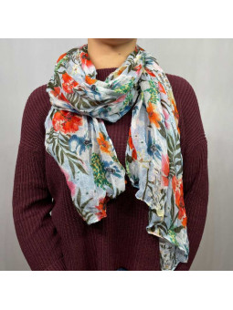 Écharpe Aux Motifs Printaniers Bleutée Et Rouge Fleuris