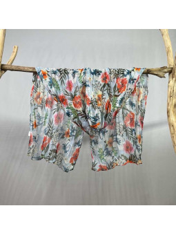 Écharpe Aux Motifs Printaniers Bleutée Et Rouge Fleuris