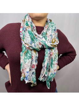 Écharpe Aux Motifs Printaniers Blanche Et Verte Fleuris