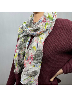 Écharpe Aux Motifs Printaniers Grise Et Verte Fleuris