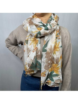 Écharpe 180 cm Aux Fleurs Vertes Et Taupe Premium