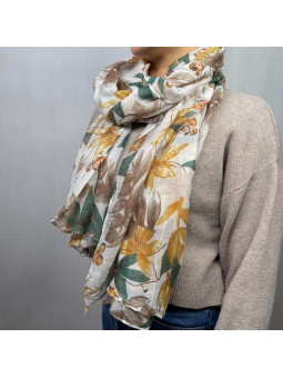 Écharpe 180 cm Aux Fleurs Vertes Et Taupe Premium