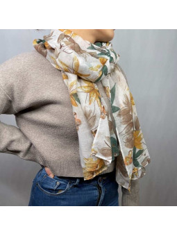 Écharpe 180 cm Aux Fleurs Vertes Et Taupe Premium