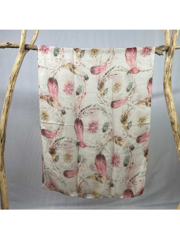 Écharpe 180 cm Aux Plumes Et Fleurs Rose Premium